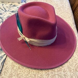 Stylish Custom Pink Wool Hat with Feather Accent & CP Burn